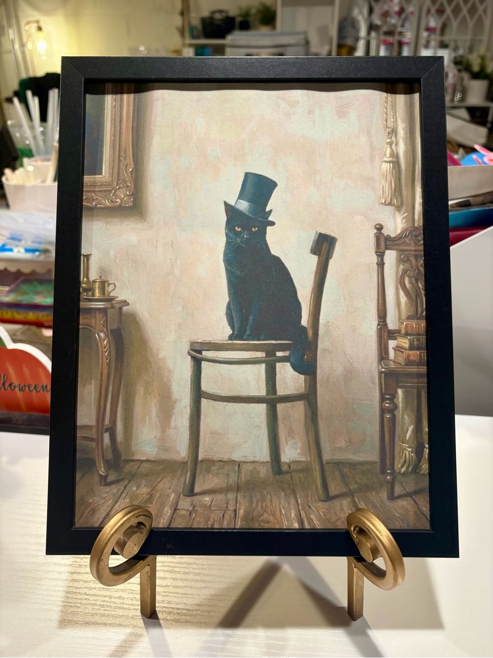 Black Cat in Top Hat Art Print Framed 8x10 Decor